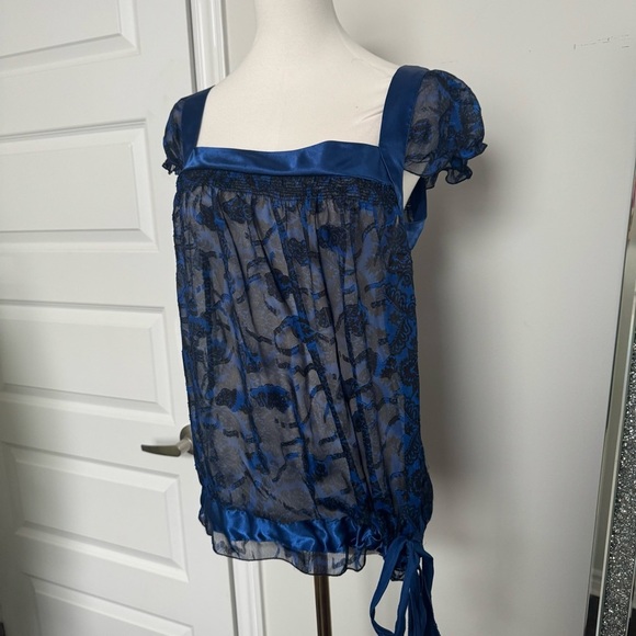 Y2K Blue Floral Women's Top L coquette whimsigoth glam fairy - Picture 6 of 8